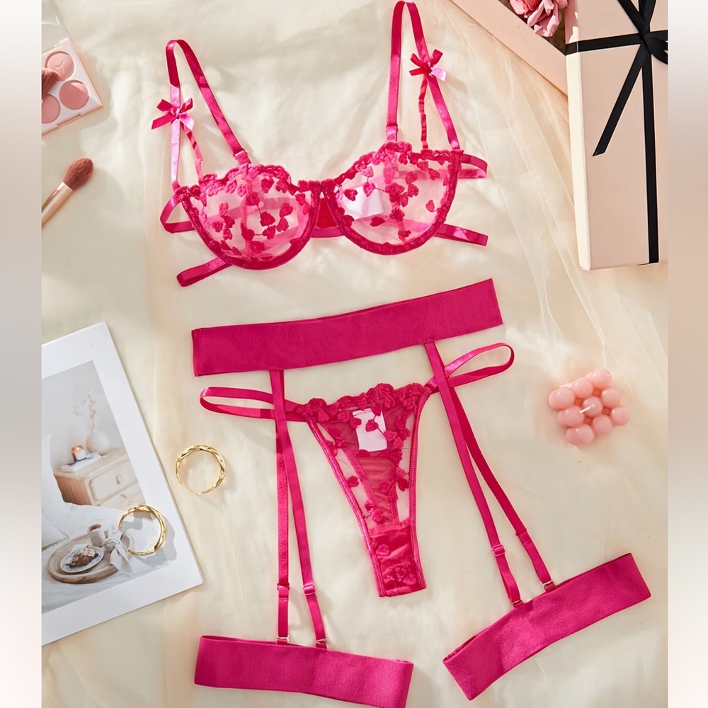 Sheer Lace Embroidered 3-Piece Lingerie Set - Hot Pink